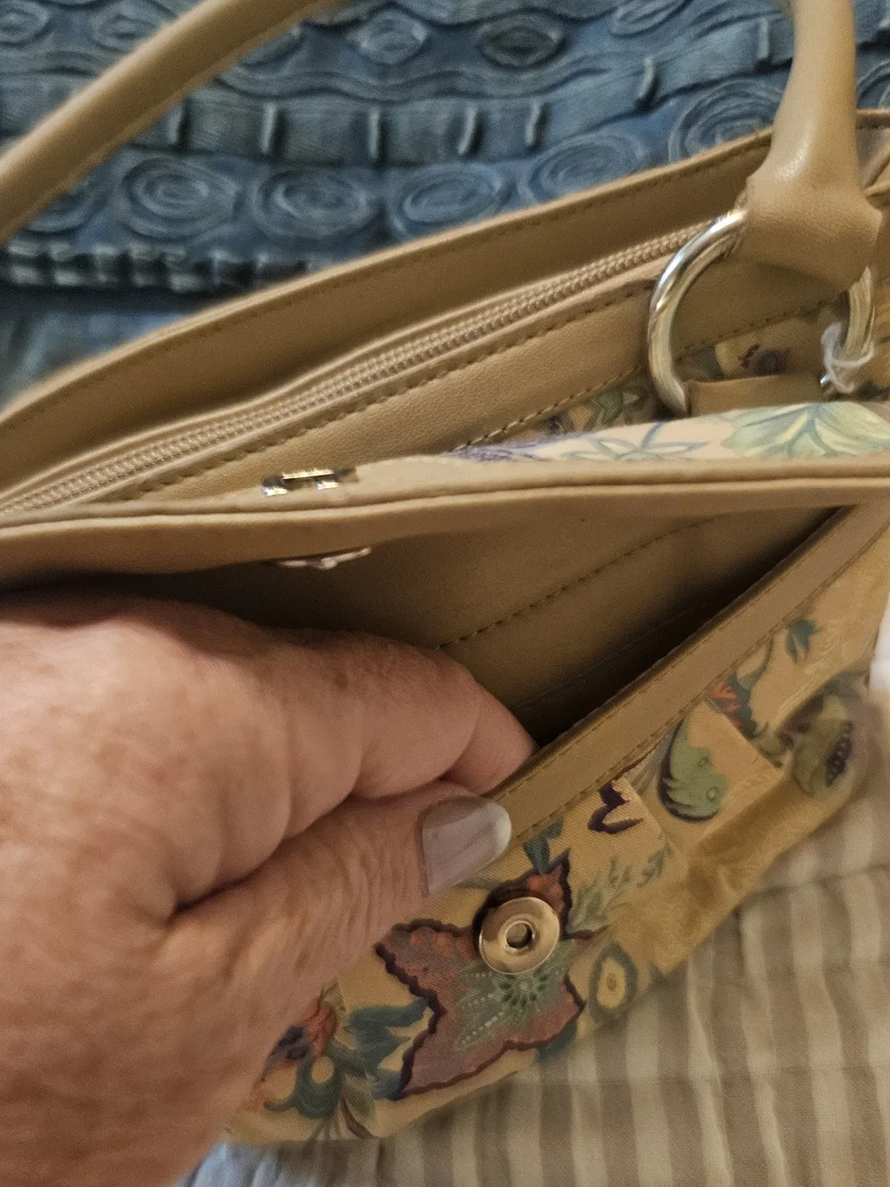 Etienne Aigner Tan Floral Shoulder Bag with Multicolor Print